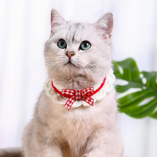 Cute Bow-knot Hand-knitted Saliva Towel | Adjustable Collar Decorative for Dogs/ Cat Pet Accessories
