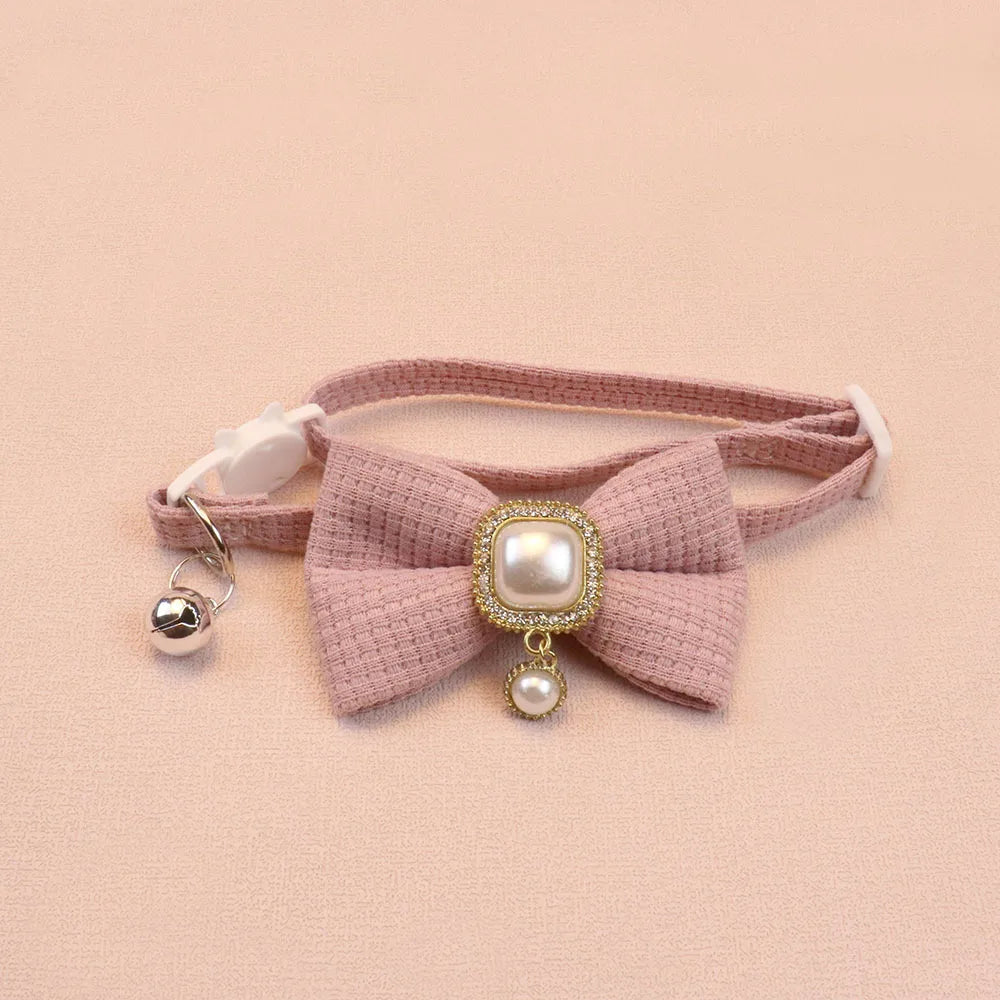 New Waffle Pet, Collar Cute Bow, Bell Cat Collar Retro Pearl Pendant for Cats and Dogs