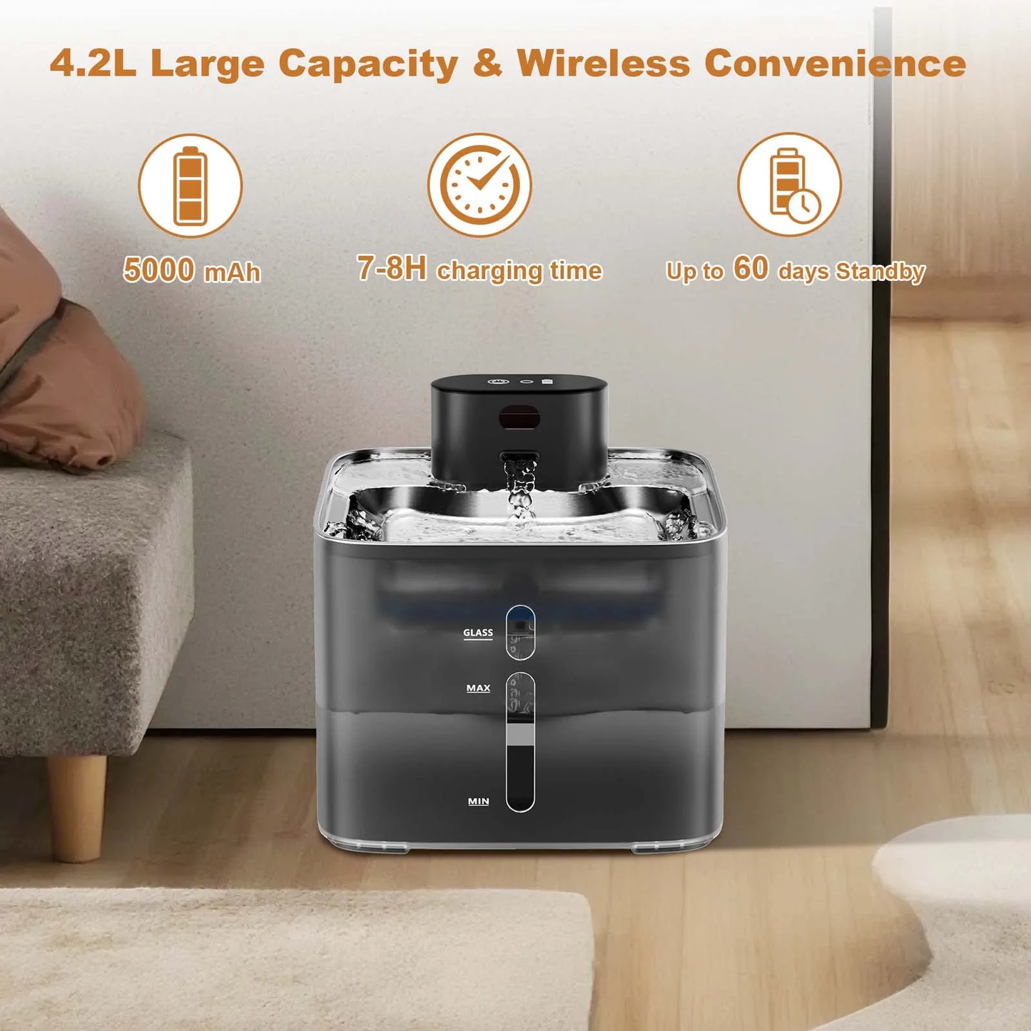 Wireless Water Fountain 5000mAh Rechargeable 304 Stainless Steel Quiet Automatic Induction Pet Water Dispenser For Cats Dogs