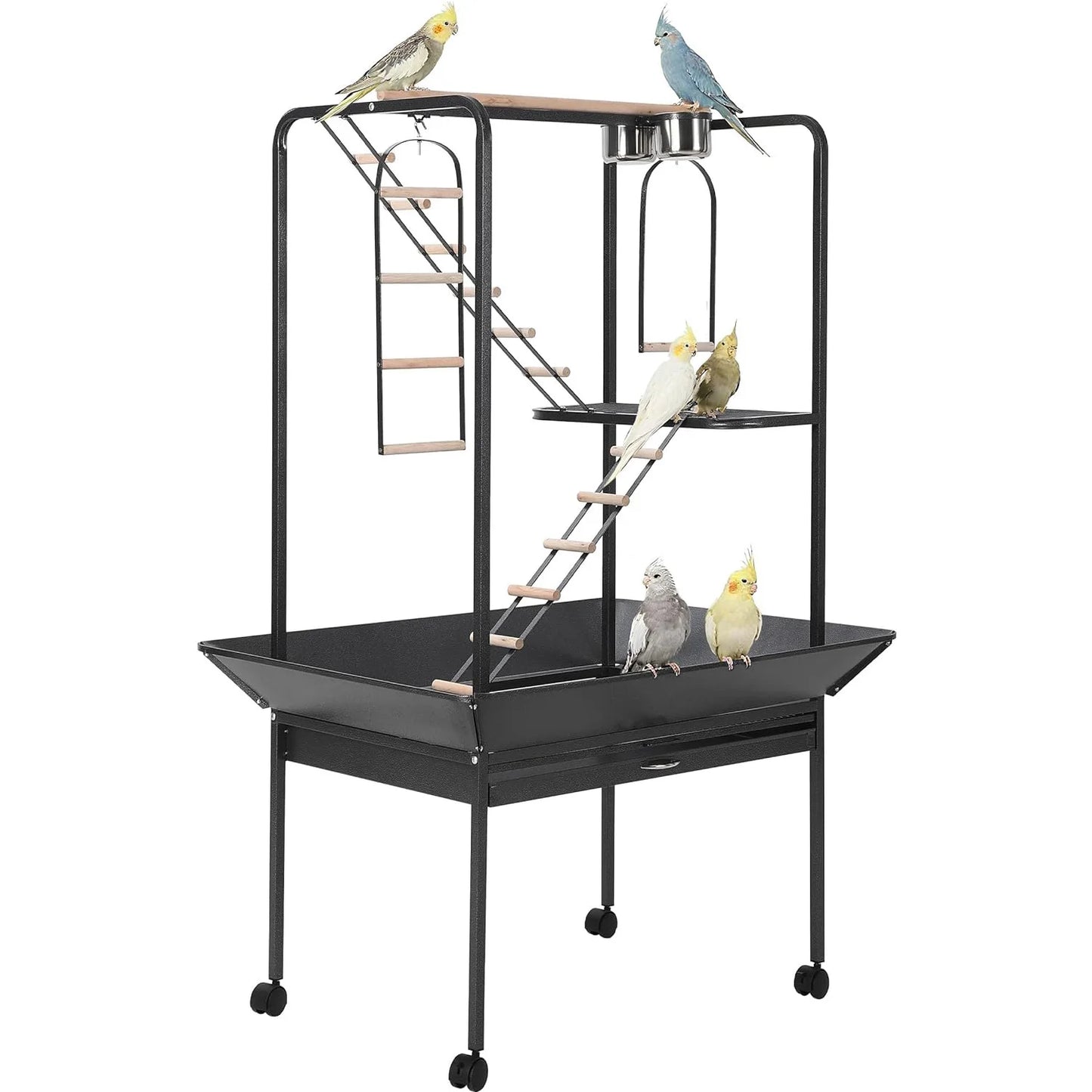 64" Bird Playstand with Wheels, Indoor Outdoor Parrot Activity Center With Perches, Ladders, Storage Shelf & Toy Hooks