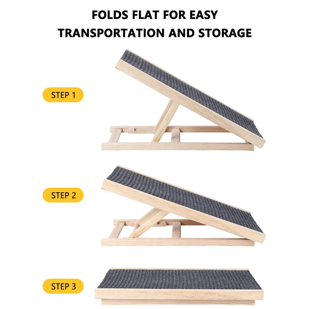 Dog Ramp Ladder Natural Pine Wood | Lightweight Folding |  Anti-skid Adjustable 2 Height Climbing Ladder for Cats, Dogs and small Animals