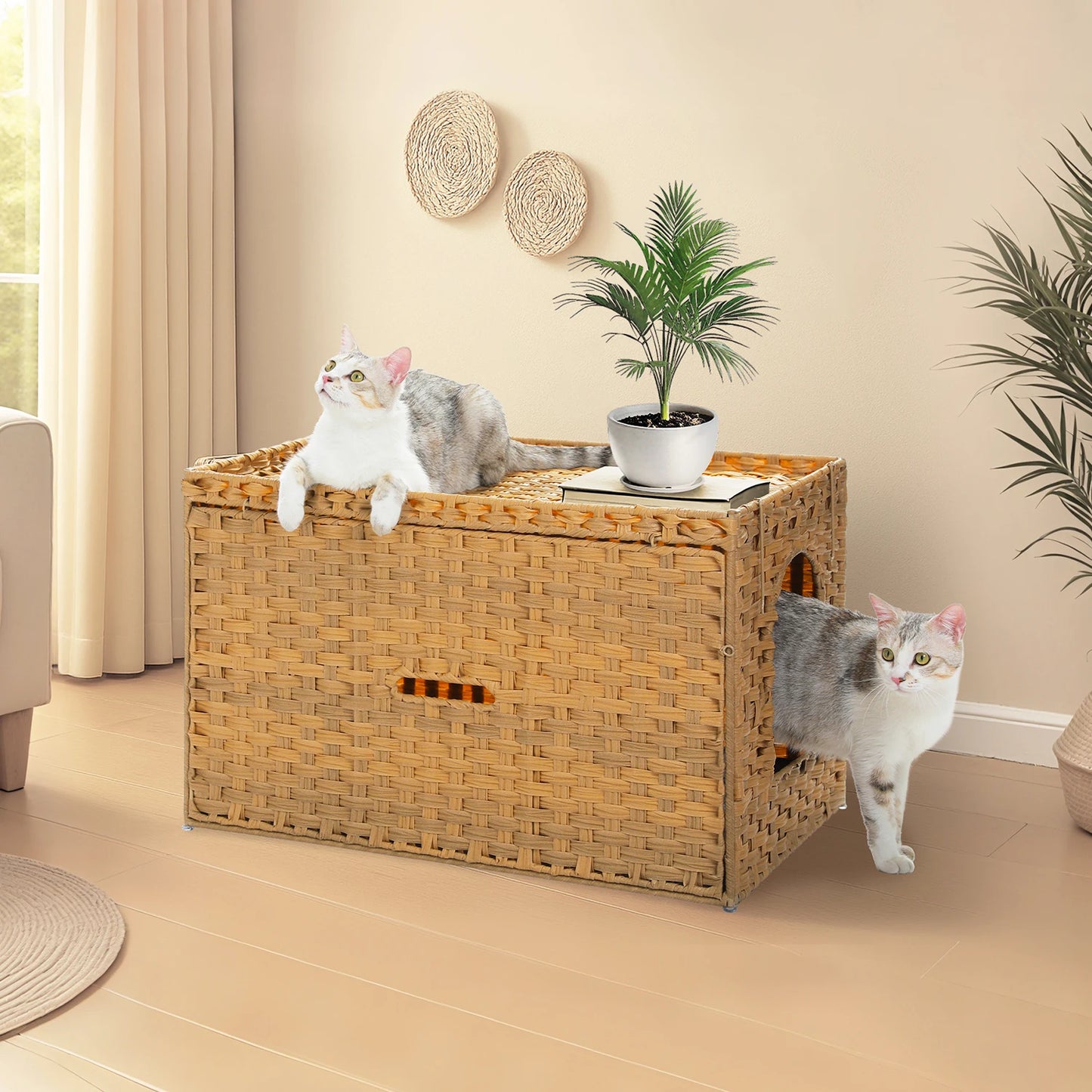 Rattan Cat Litter Box Enclosure with Taller Doorway and Flip-Up Design | More Space Raised Edge Mat | Cat House Cabinet Furniture