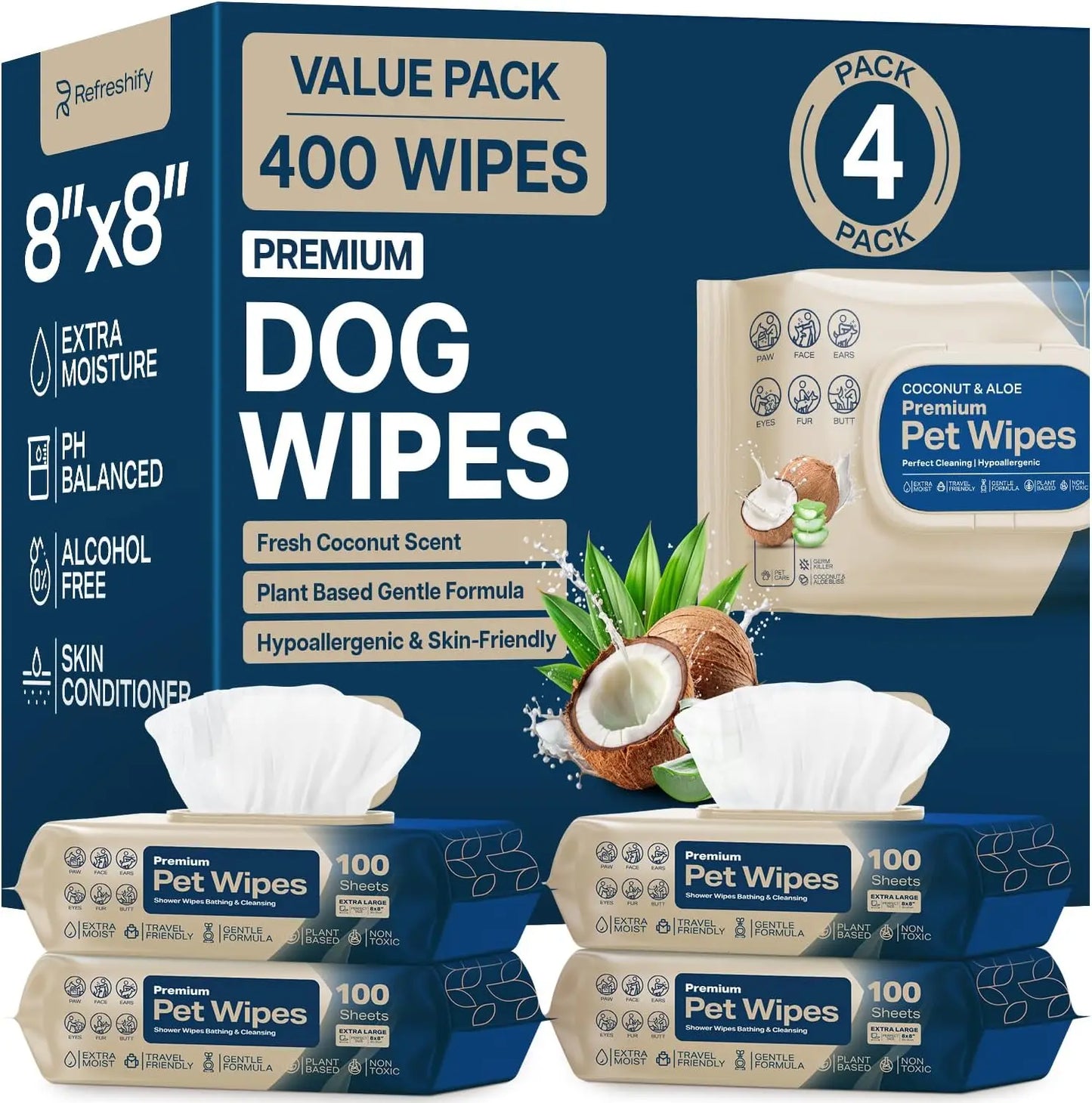 Coconut Scented Dog Wipes for Paws and Butt, Pack of 400 - Non Toxic Pet Wipes for Dogs and Cats with Travel Bonus