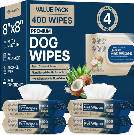 Coconut Scented Dog Wipes for Paws and Butt, Pack of 400 - Non Toxic Pet Wipes for Dogs and Cats with Travel Bonus