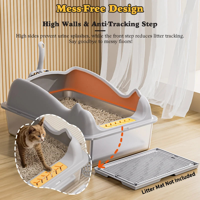 Stainless Steel Cat Litter Box With Lid, XL Metal For Big Cats, Never Absorbs Odors, Non-Sticky, Easy Clean, Anti-Urine Leakage