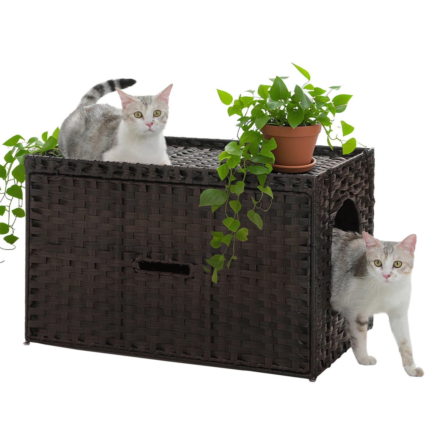 Rattan Cat Litter Box Enclosure with Taller Doorway and Flip-Up Design | More Space Raised Edge Mat | Cat House Cabinet Furniture