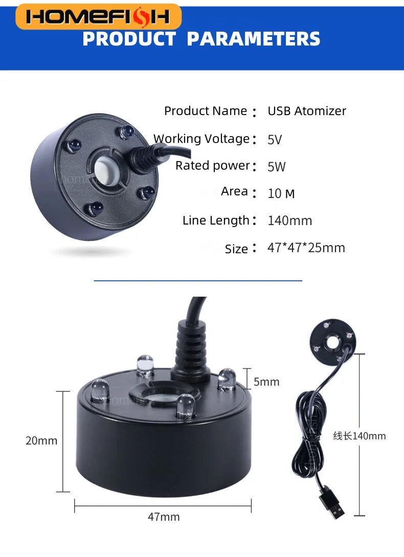 5V USB Mist Maker, Fogger, Nebulizer Water Fountain | Fish Tank Pond Atomizer Head With 4 LED Colorful Lights