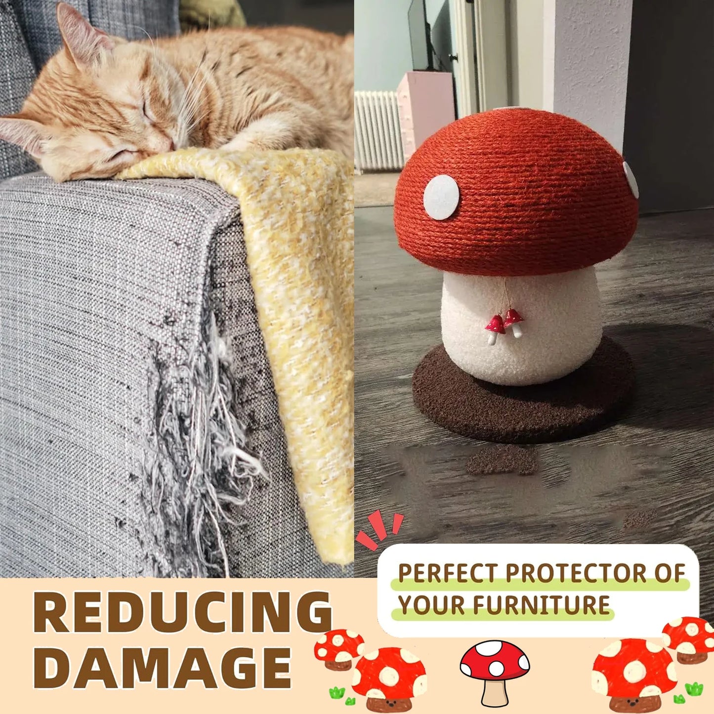 Red Mushroom-Shaped Sisal Cat Scratching Post |   Durable and Non-Falling |   Great for Paw Care and Furniture Protection |   Easy to Assemble |