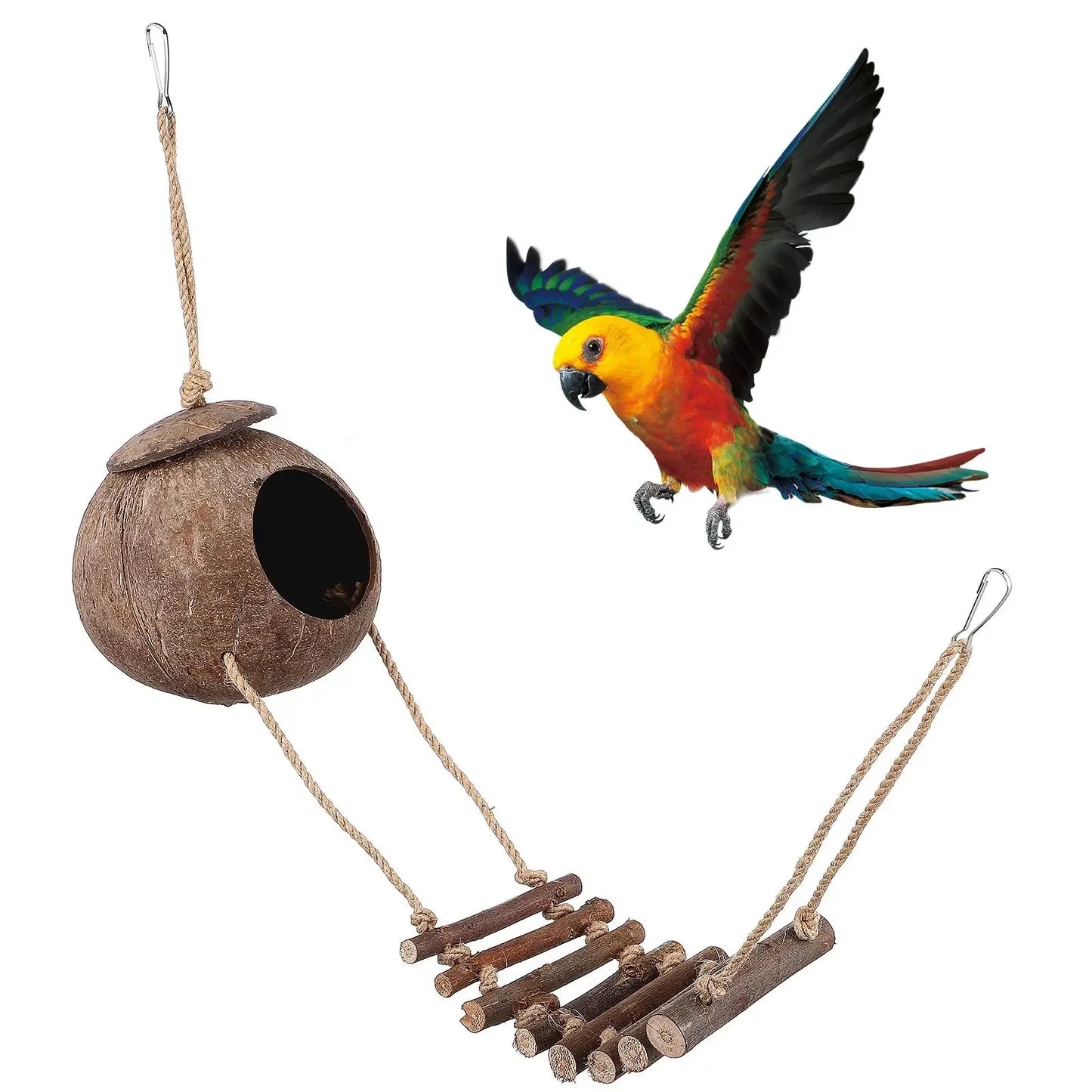 Coconut Shell Reptile Hideout with Ladder, Terrarium Tank Decor for Lizards & Geckos