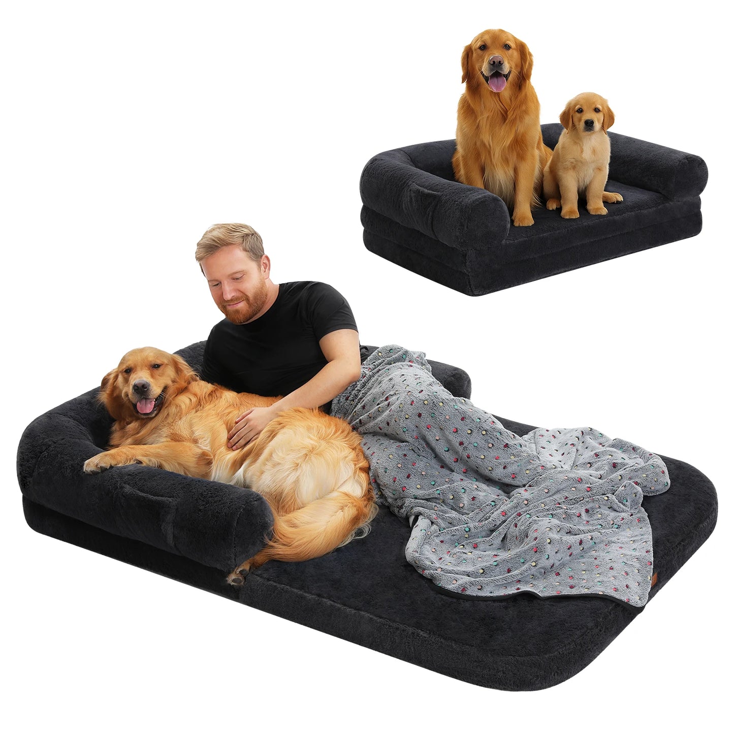 Foldable Dog Bed, Plush Pet Couch Bed for Large Dogs, Washable Sofa Bed with Non-Slip Bottom