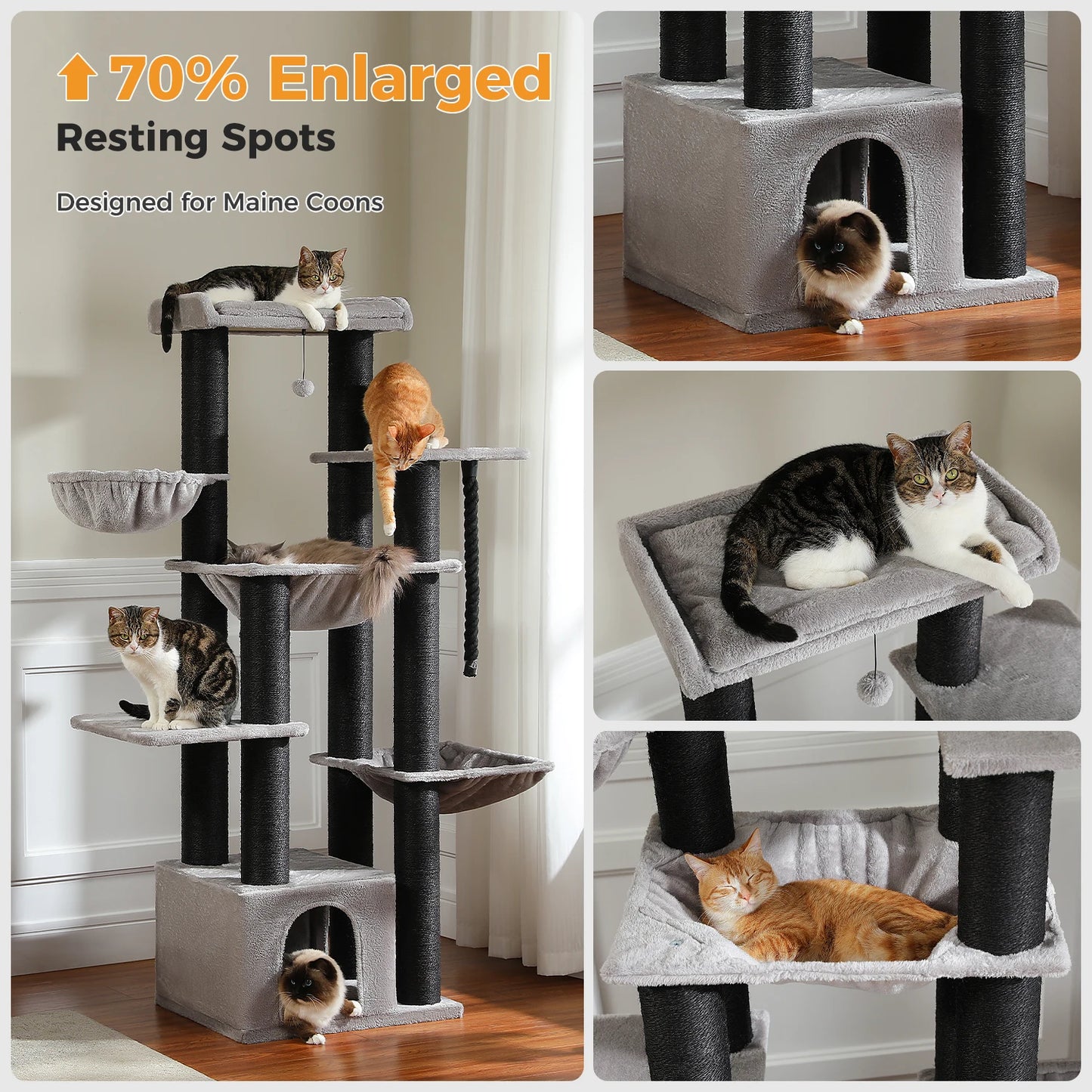 Large Tree Robust Cat Tower with Several Levels| Cat House Climbing Tree with Hammock 11 Sisal Posts  Perch