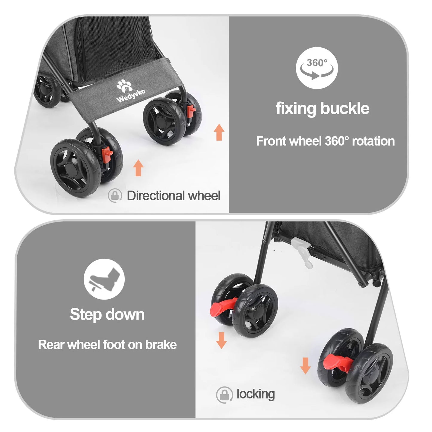 4 Wheels Stroller Rotate with Brakes for Dogs/Cats Travel