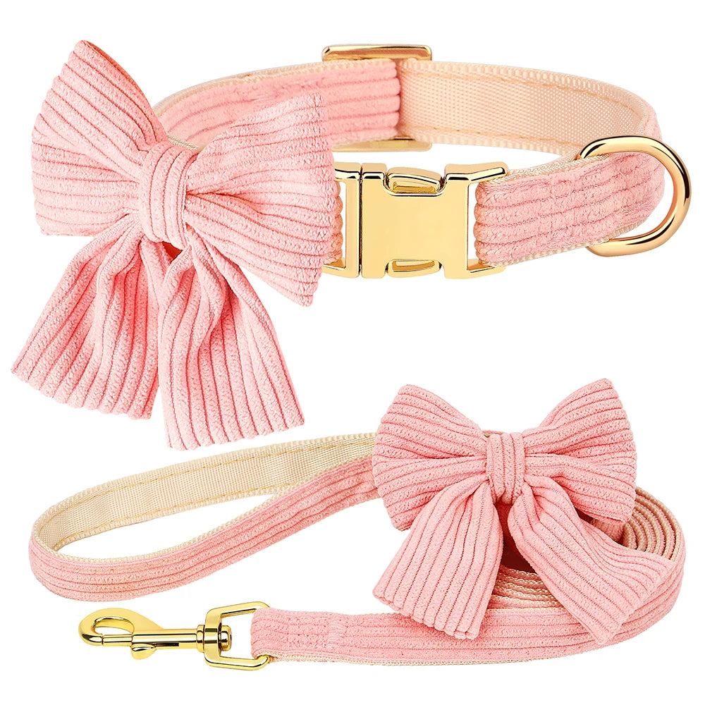Dog Collar Leash Set Cute Bowknot |  Soft Velvet Pet Necklace Leashes  For Small Medium Dogs