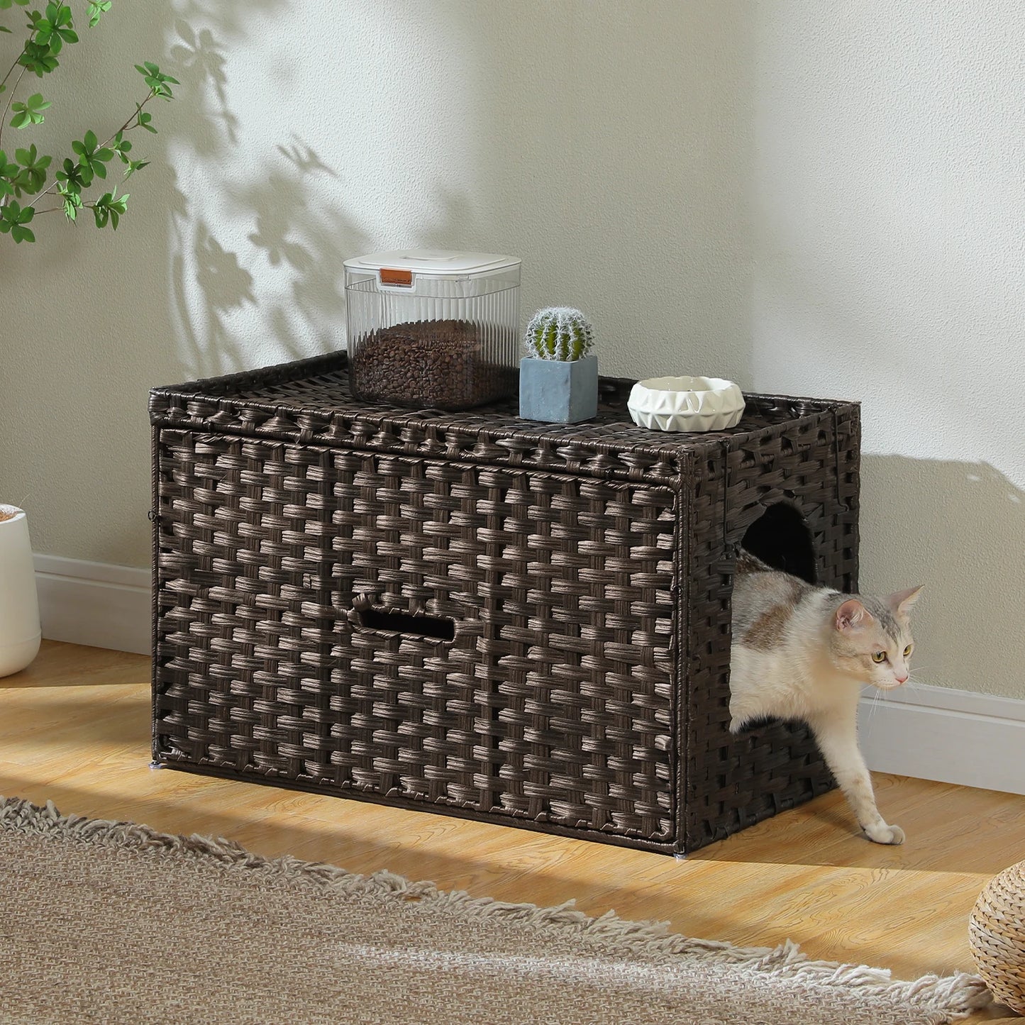 Rattan Cat Litter Box Enclosure with Taller Doorway and Flip-Up Design | More Space Raised Edge Mat | Cat House Cabinet Furniture