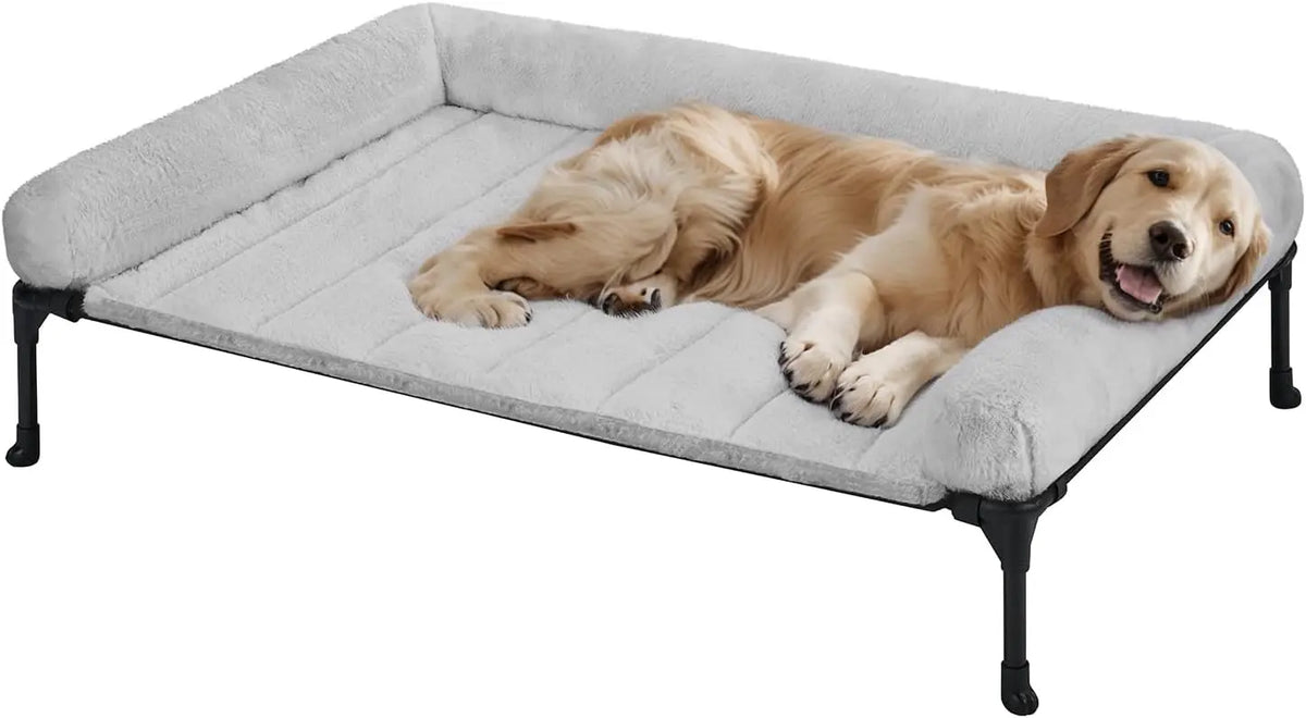 Elevated Orthopedic Dog Bed with Plush Bolster, Large Pet Sofa Cot, Removable Washable Mat, Non-Slip Feet, Grey