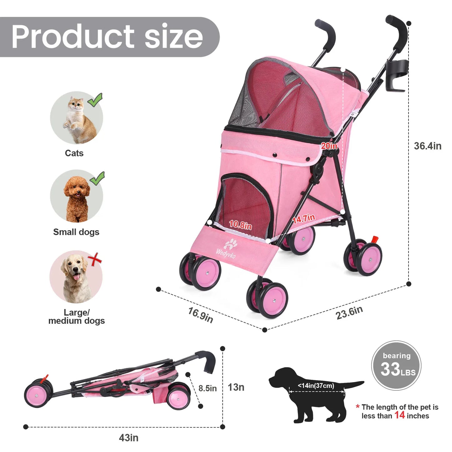 4 Wheels Stroller Rotate with Brakes for Dogs/Cats Travel