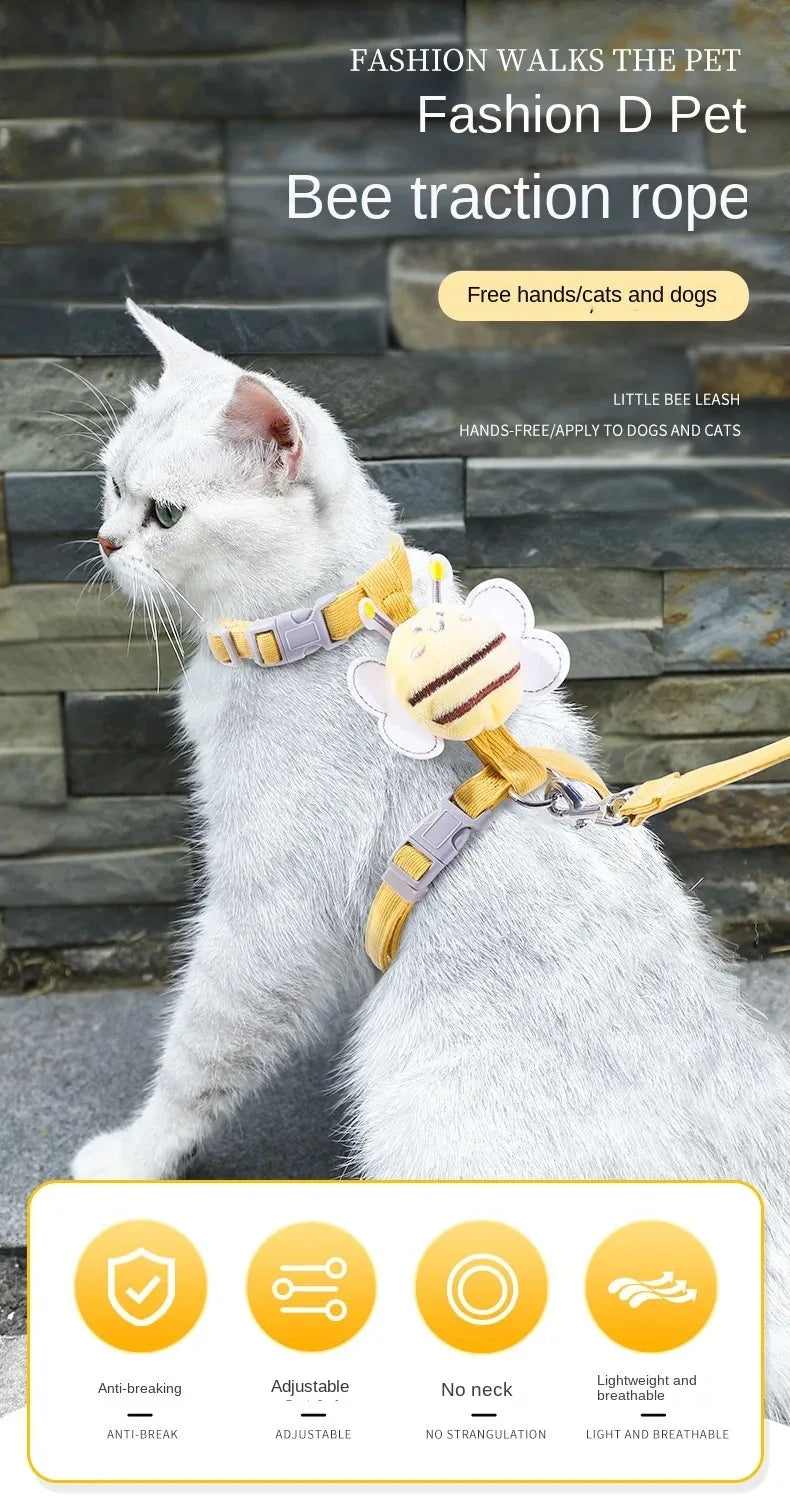 Cat Harness Leash Collar Set |  Adjustable Cartoon Bee Double Layer Dog Harness for Small Medium Cat Leash Outdoor Walking