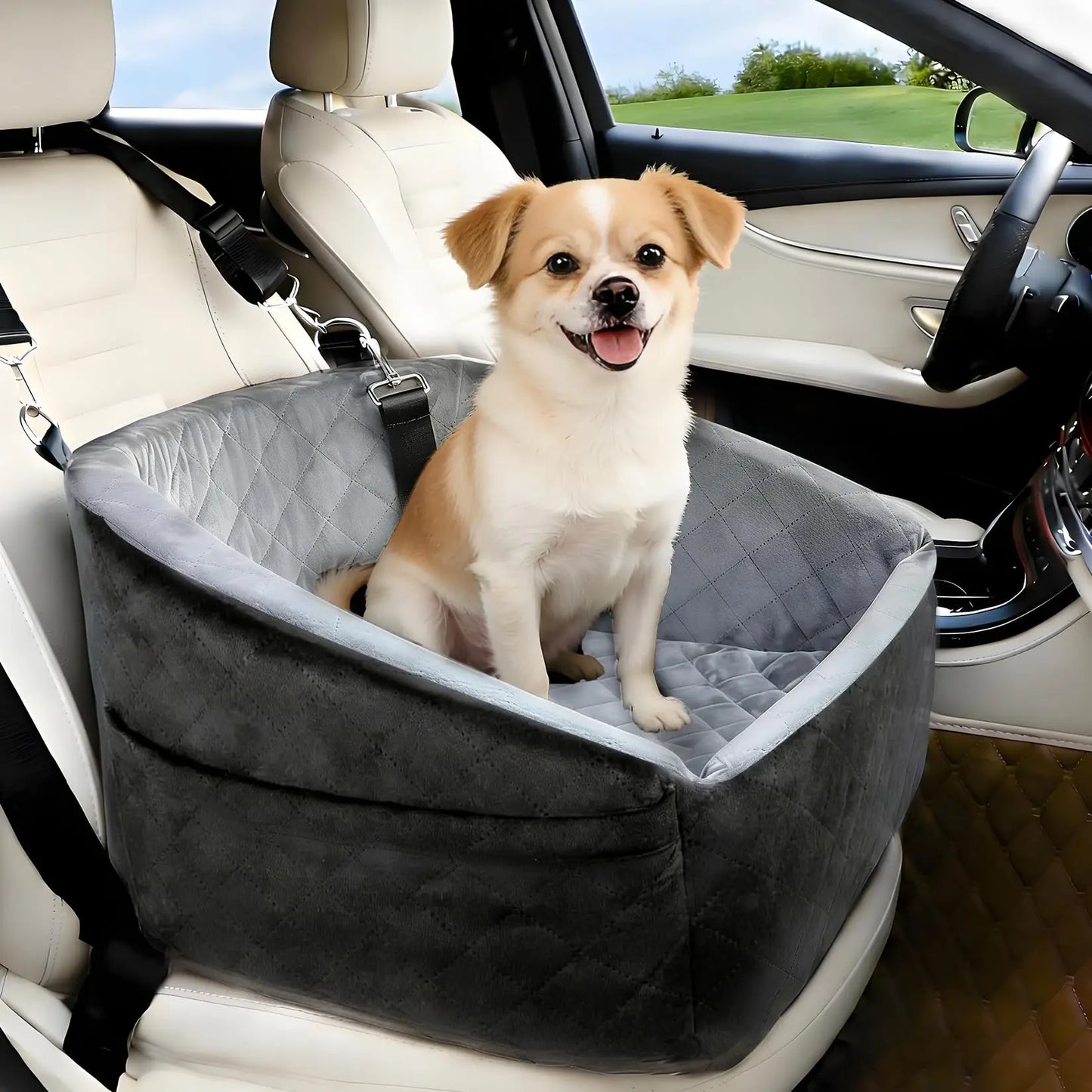 Dog Booster Car Seat, Detachable Washable with Safety Belt for Small Medium Puppies Cats Under 30-35 LB