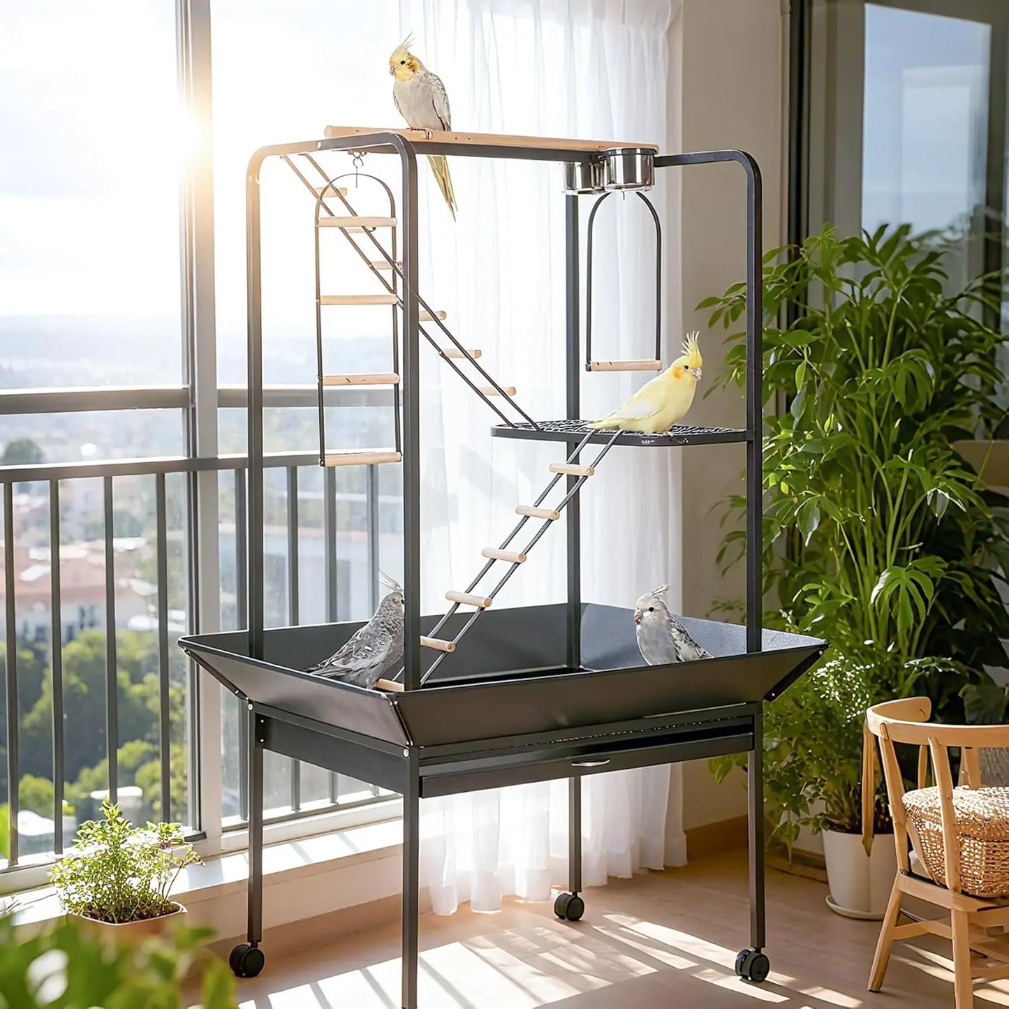 64" Bird Playstand with Wheels, Indoor Outdoor Parrot Activity Center With Perches, Ladders, Storage Shelf & Toy Hooks