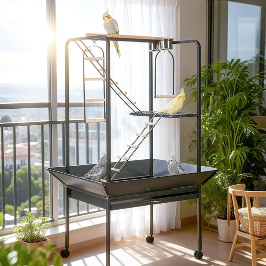 64" Bird Playstand with Wheels, Indoor Outdoor Parrot Activity Center With Perches, Ladders, Storage Shelf & Toy Hooks
