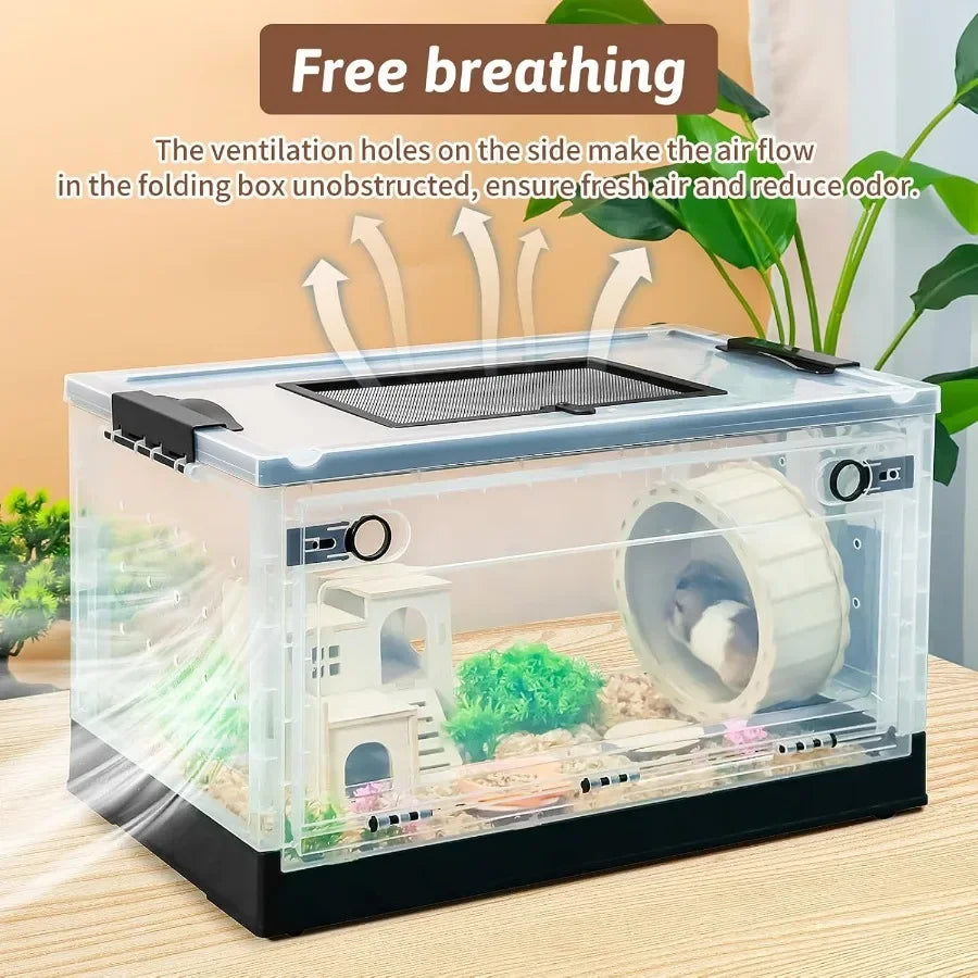 Portable and Foldable Hamster Cages with Wheels, Castle Habitat and Exercise Wheel for Easy Movement and Storage Ideal for Guinea