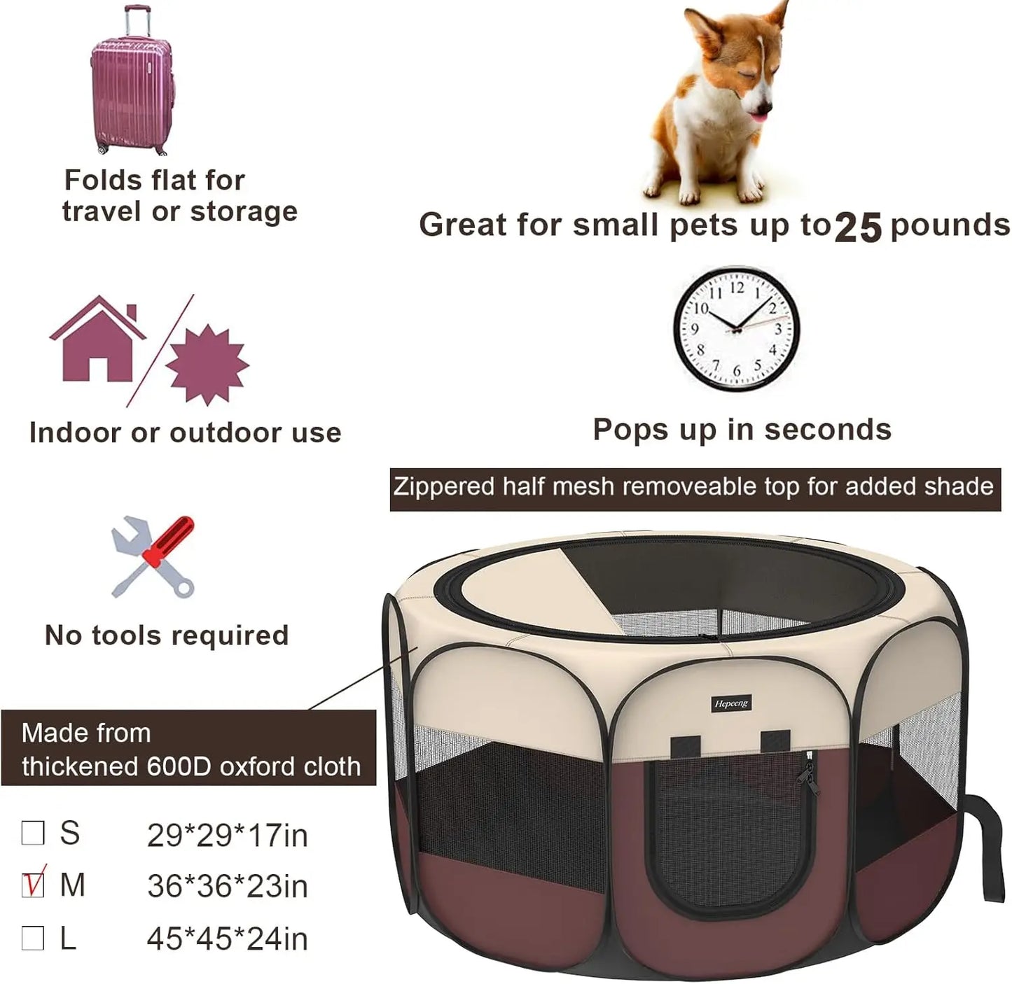 Portable Pet Playpen with Shade Cover & Travel Bag, Waterproof Dog/Cat Tent Includes Collapsible Bowl