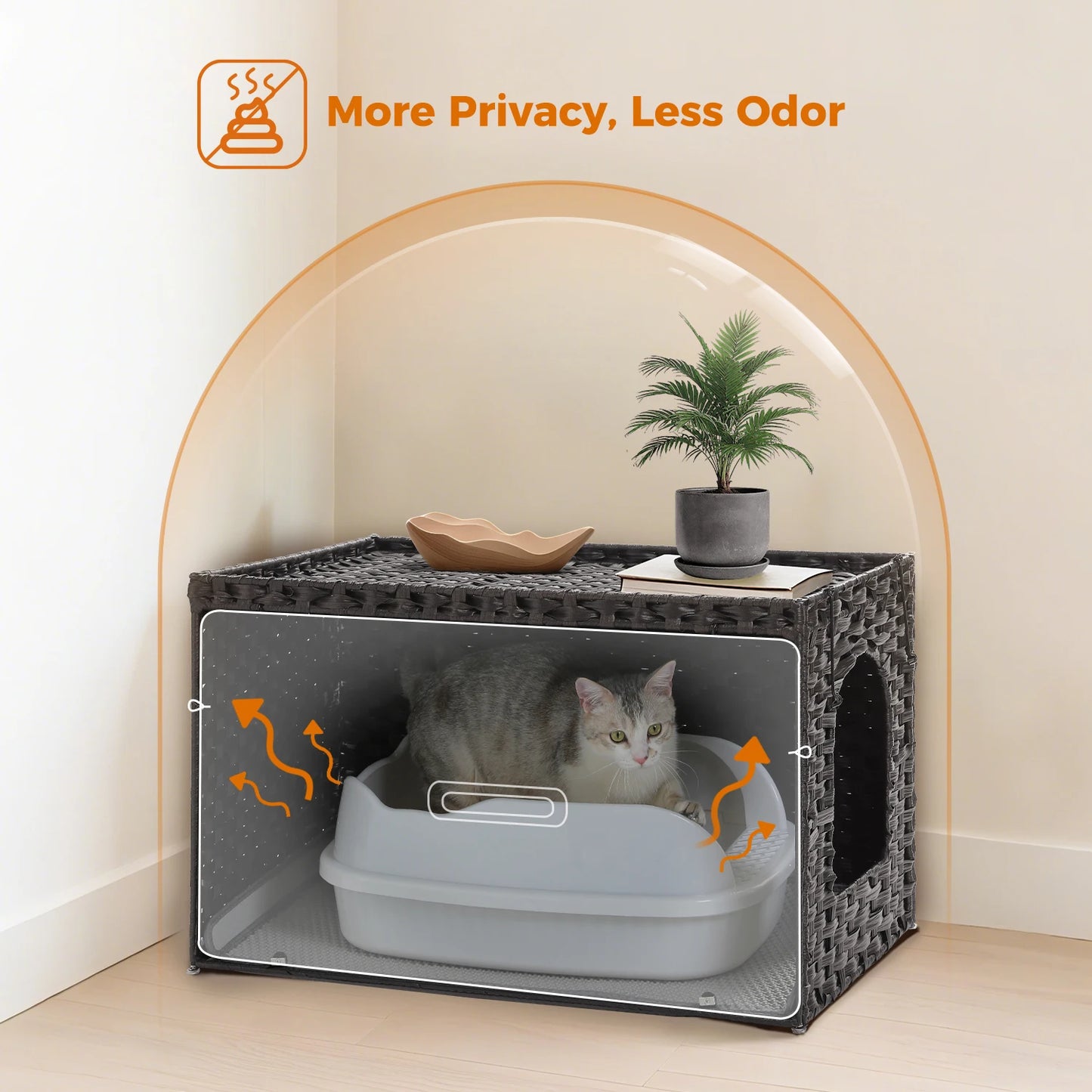 Rattan Cat Litter Box Enclosure with Taller Doorway and Flip-Up Design | More Space Raised Edge Mat | Cat House Cabinet Furniture