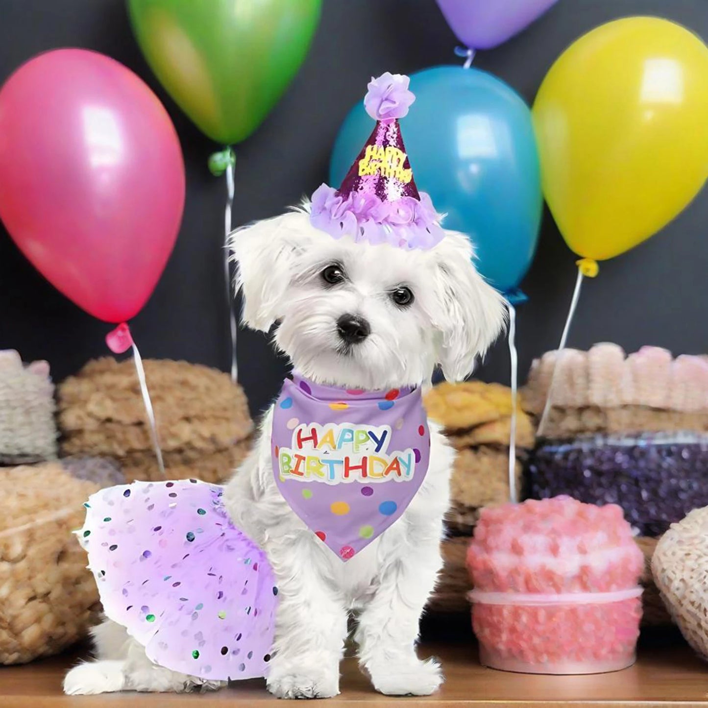 Cute Dog Birthday Costume Set | Adorable Party Hat with Matching Skirt and Scarf for Indoor and Outdoor Celebrations