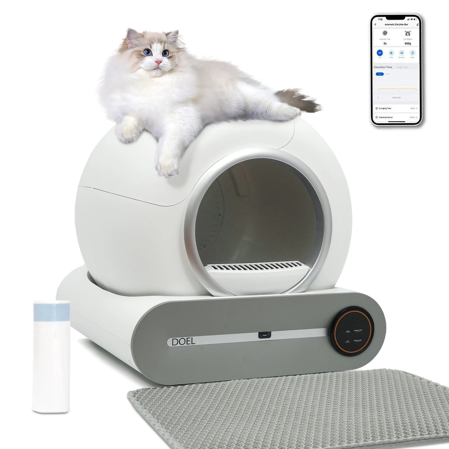 DOEL Self Cleaning Cat Litter Box 65L Automatic w/ Trash Bag & Litter Mat Smart Cat Toilet App Control 2.4G WiFi