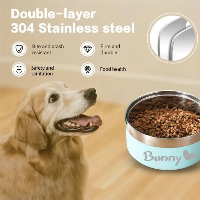 Customized Stainless Steel Pet Bowls with Name Engraving, Durable Double-Layer Design for Cats and Dogs