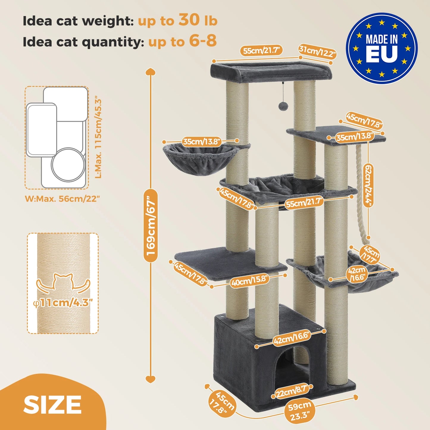 Large Tree Robust Cat Tower with Several Levels| Cat House Climbing Tree with Hammock 11 Sisal Posts  Perch