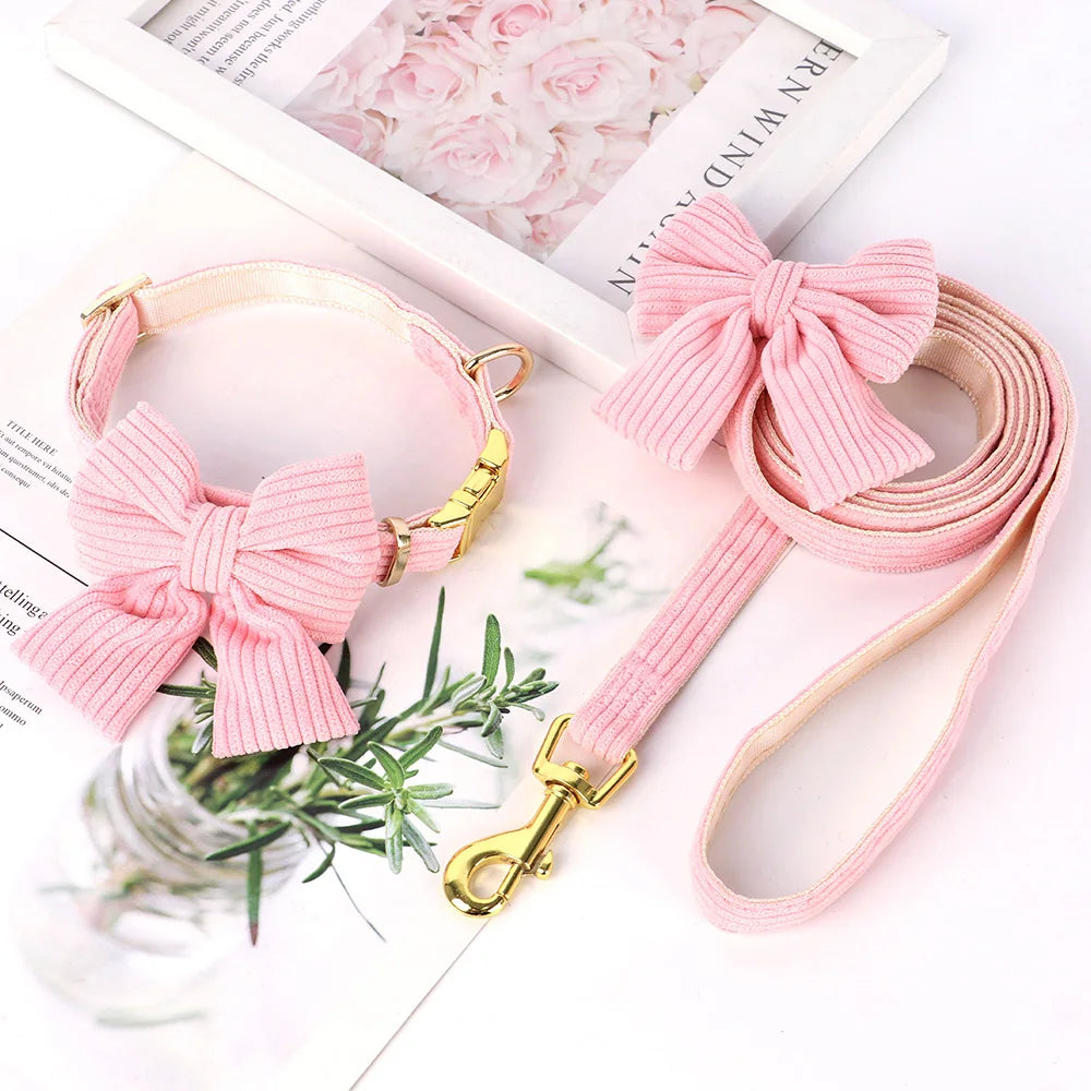 Dog Collar Leash Set Cute Bowknot |  Soft Velvet Pet Necklace Leashes  For Small Medium Dogs