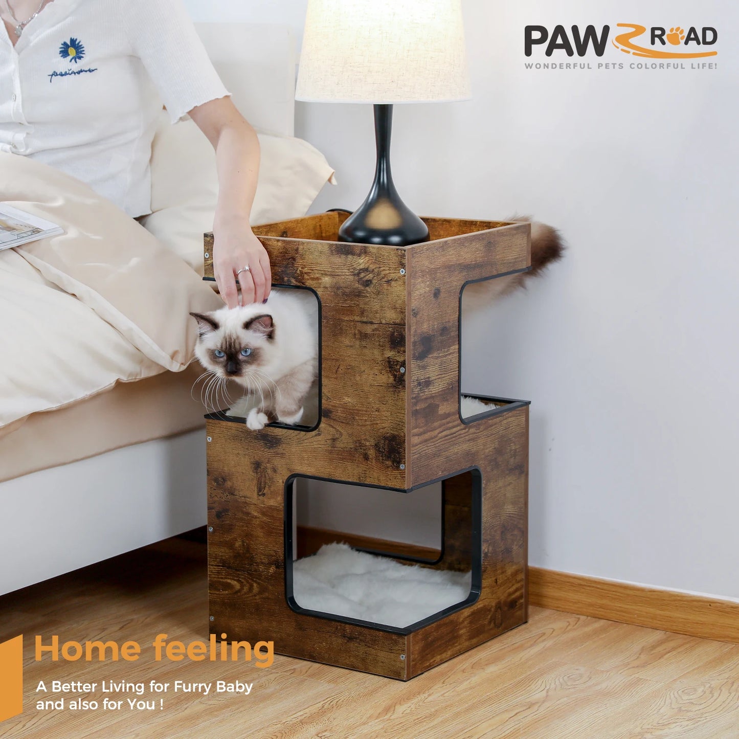 Wood Cat Condo House Bed with Removable Soft Mats | Modern Cat Tree Tower with Scratching Pad Cat | Scratcher Furniture Kitten Toys