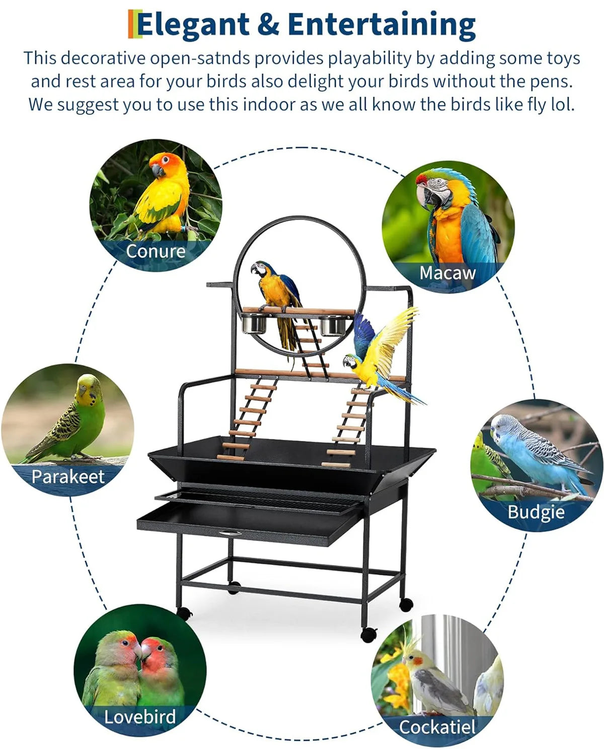 66" Extra Tall Bird Play Stand With Lockable Wheels, Heavy-Duty Metal Activity Center For Parrots/Conures/Cockatiels