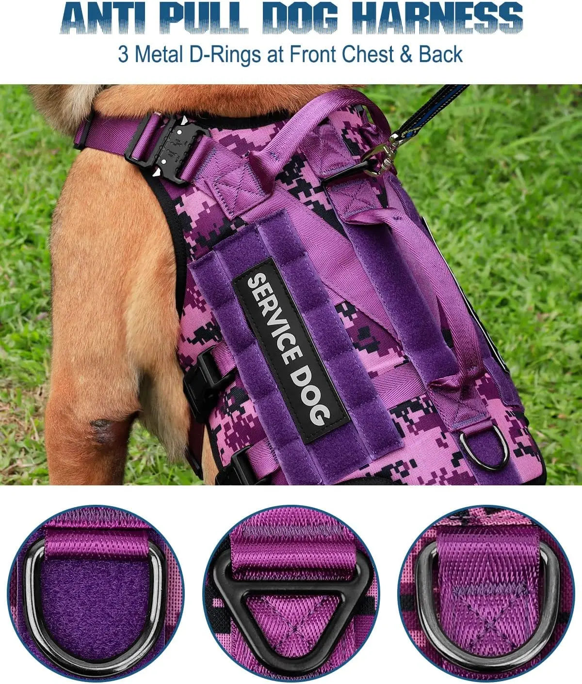 Tactical Dog Harness for Large Breeds, Service Dog Vest with MOLLE Panels and Handle for Walking Hiking Training - Purple Camo