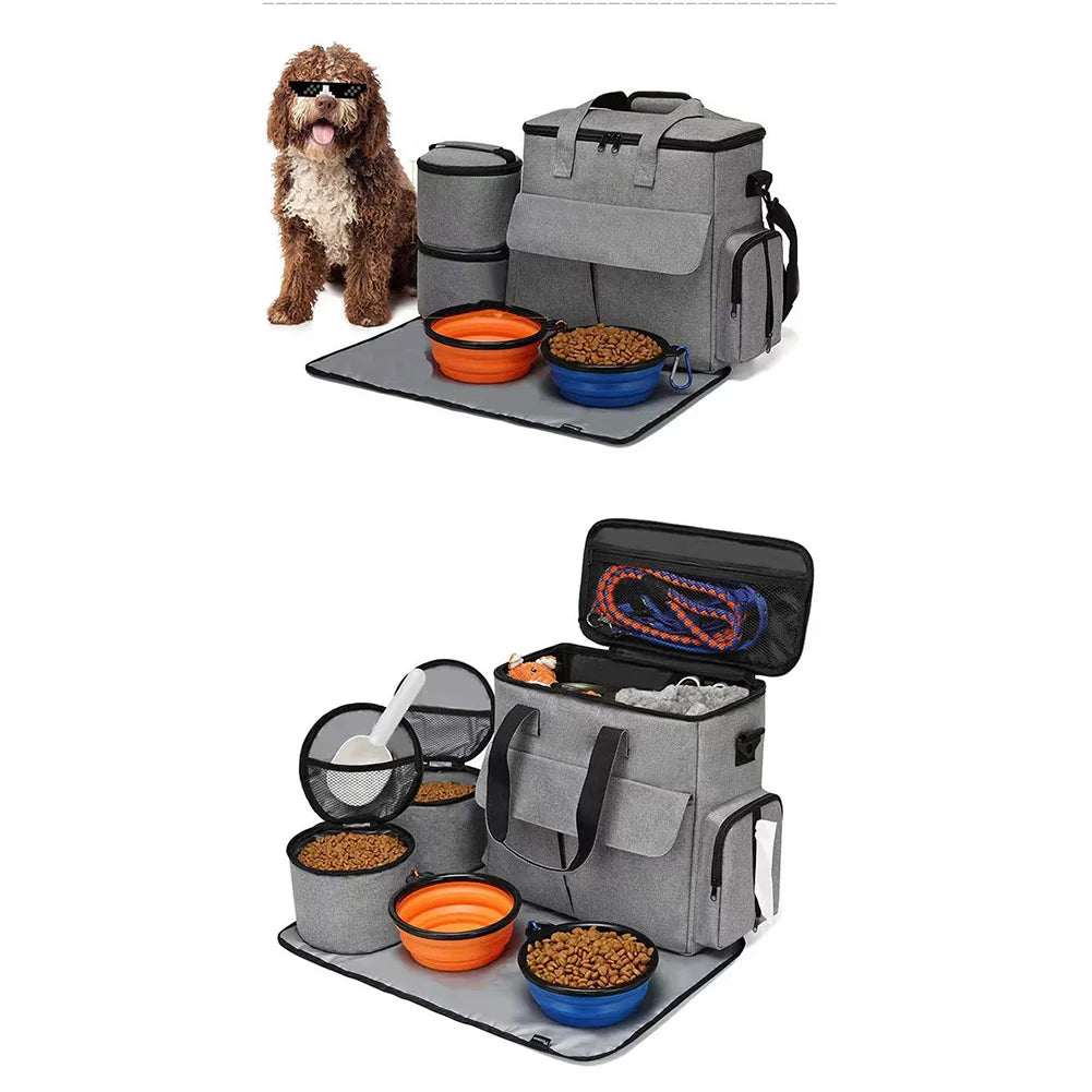 Dog and Cat Travel Backpack  Organizer for Week Away/Overnight, w/ 2 Food Bags 1 Waterproof Placemat 2 Foldable Bowls