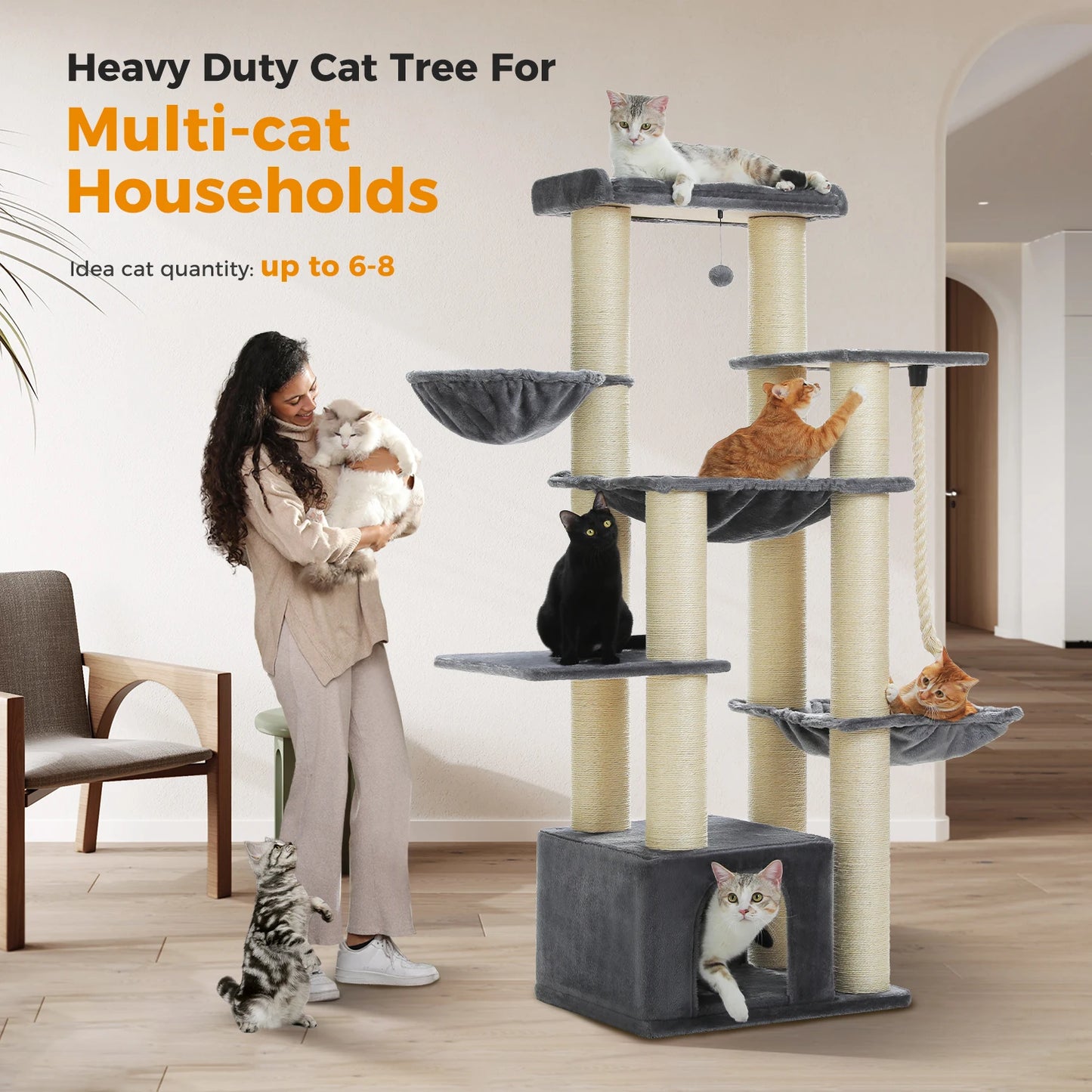 Large Tree Robust Cat Tower with Several Levels| Cat House Climbing Tree with Hammock 11 Sisal Posts  Perch