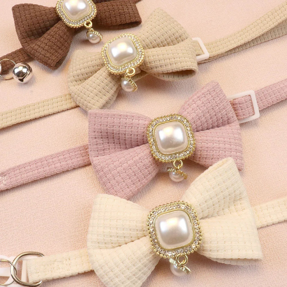 New Waffle Pet, Collar Cute Bow, Bell Cat Collar Retro Pearl Pendant for Cats and Dogs