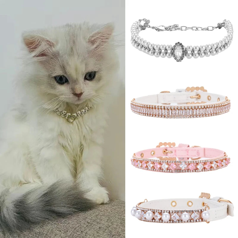 Luxury Cat Puppy Pearl Necklace Rhinestone Collar for Cats Small and Dogs
