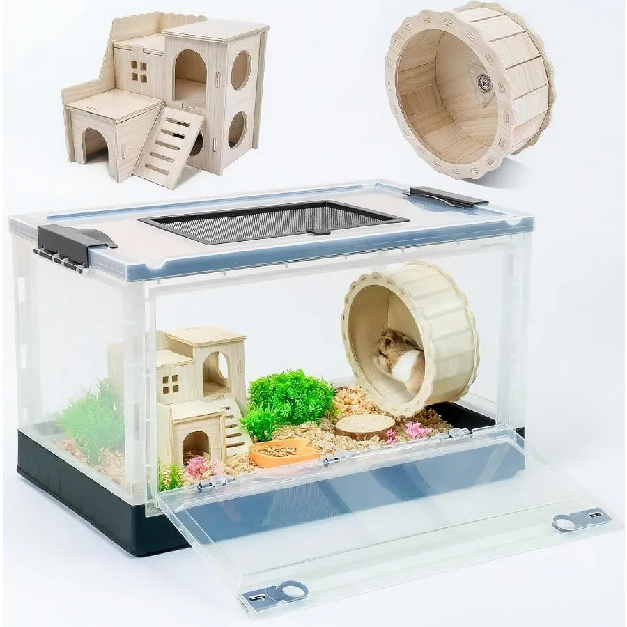 Portable and Foldable Hamster Cages with Wheels, Castle Habitat and Exercise Wheel for Easy Movement and Storage Ideal for Guinea