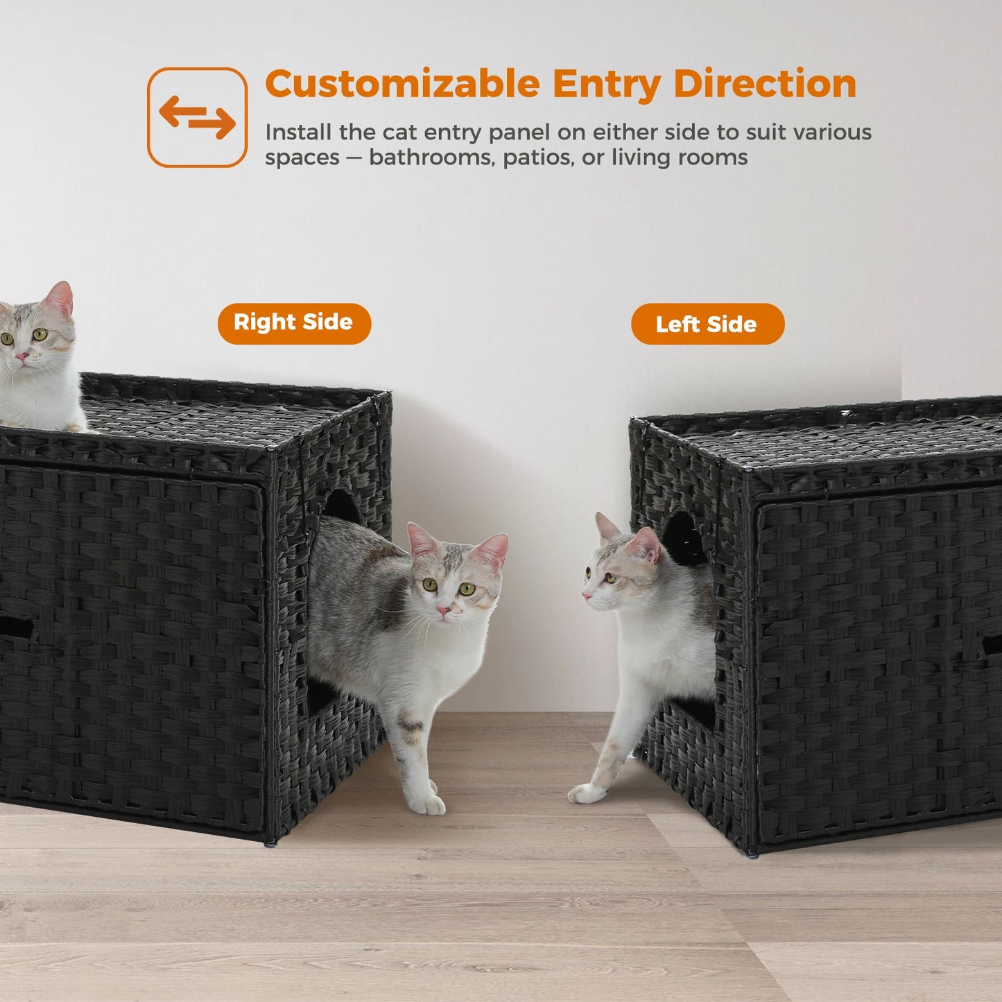 Rattan Cat Litter Box Enclosure with Taller Doorway and Flip-Up Design | More Space Raised Edge Mat | Cat House Cabinet Furniture