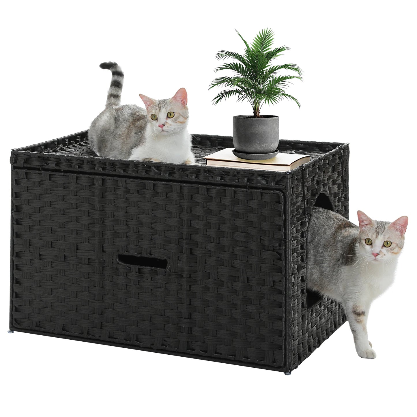 Rattan Cat Litter Box Enclosure with Taller Doorway and Flip-Up Design | More Space Raised Edge Mat | Cat House Cabinet Furniture