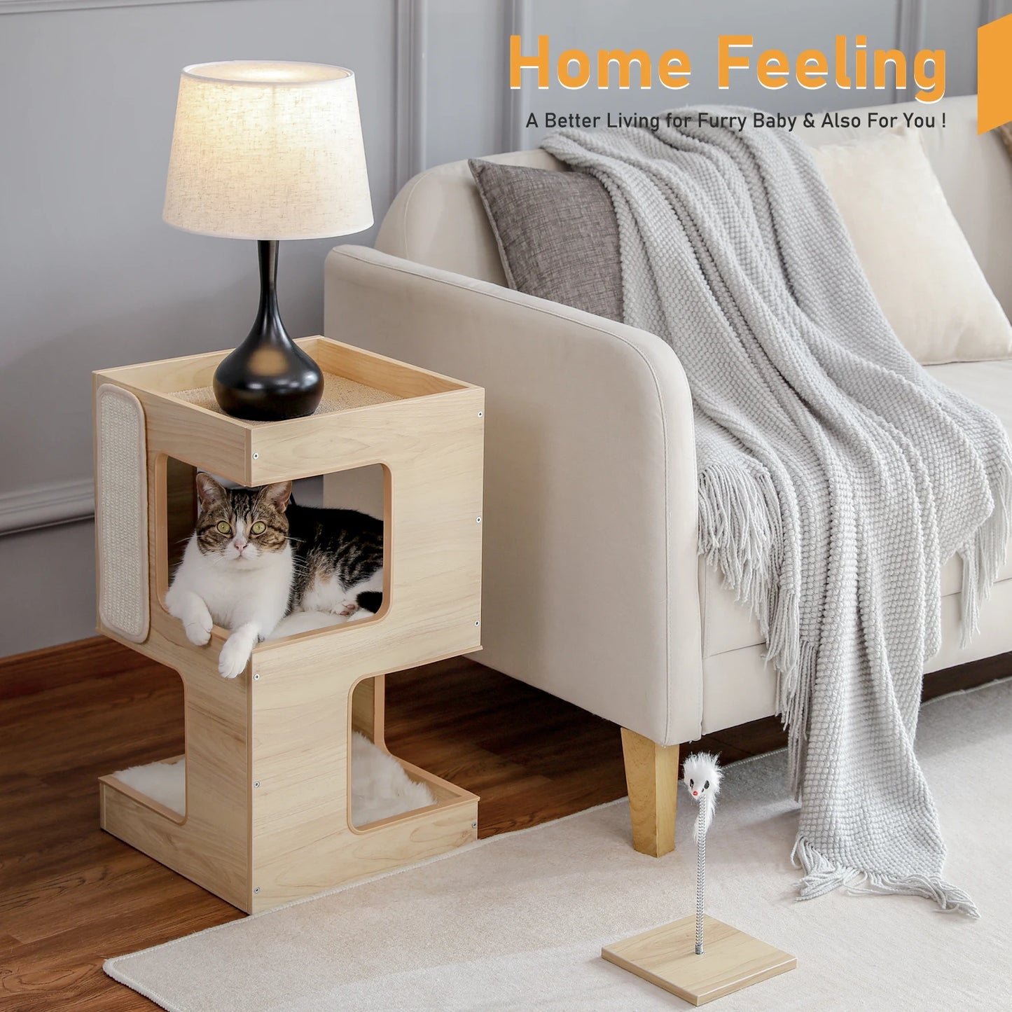 Wood Cat Condo House Bed with Removable Soft Mats | Modern Cat Tree Tower with Scratching Pad Cat | Scratcher Furniture Kitten Toys