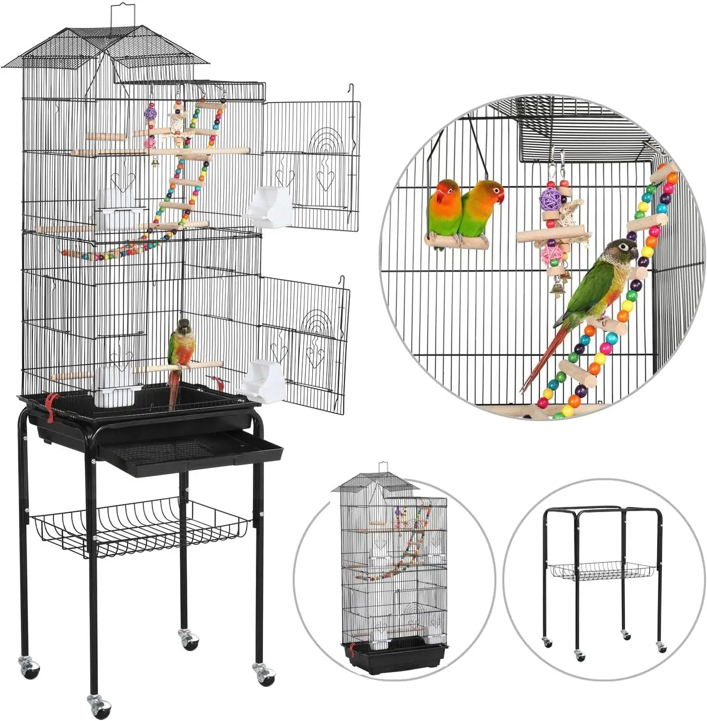 Medium Parrot Cage with Rolling Stand, Safe Design for Small Birds, Easy Assembly and Cleaning