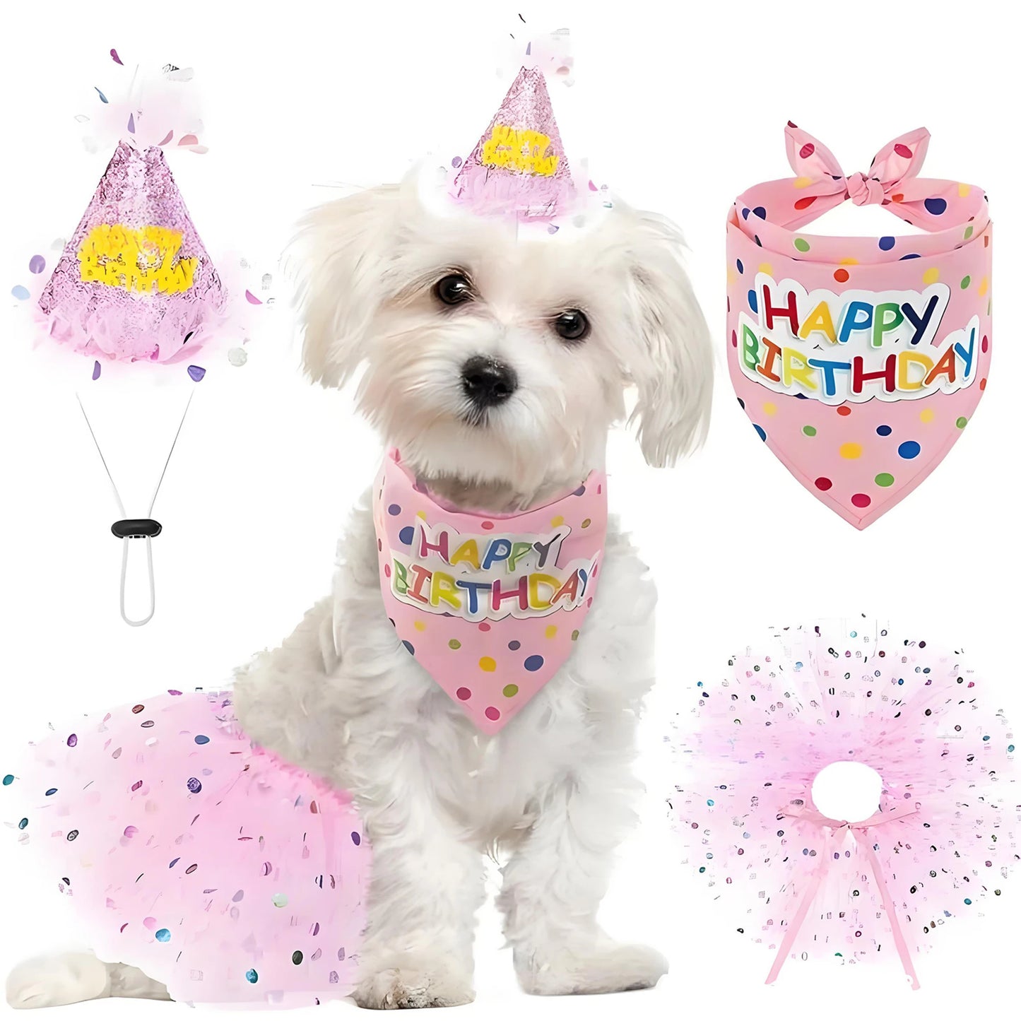 Cute Dog Birthday Costume Set | Adorable Party Hat with Matching Skirt and Scarf for Indoor and Outdoor Celebrations