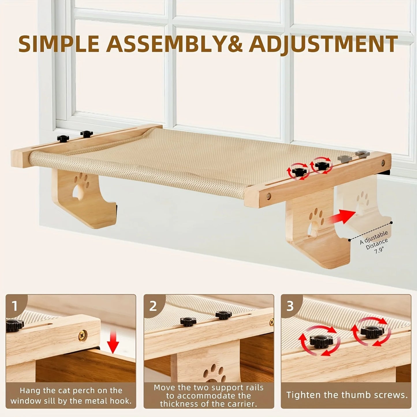 Cat window sill hammock, suitable for indoor cats, wooden and metal frame, easy to adjust window cat bed