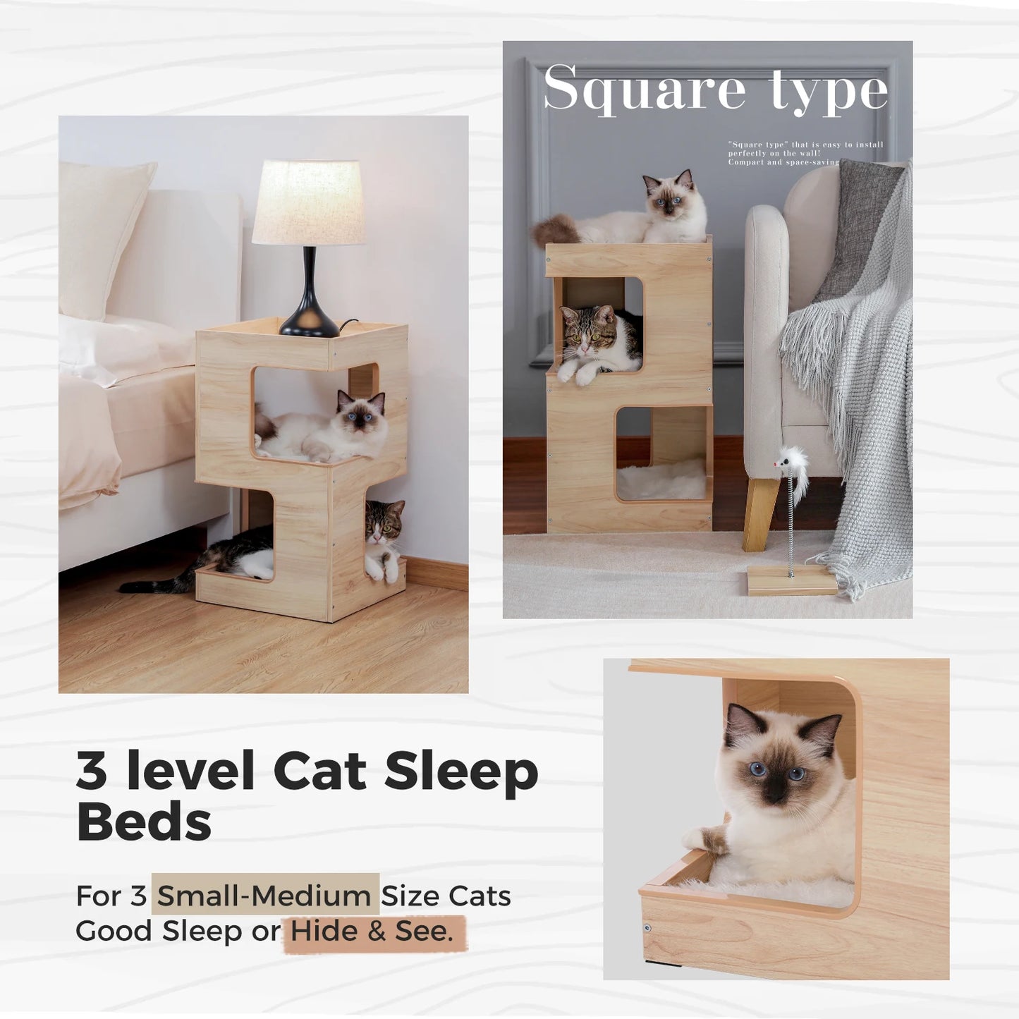 Wood Cat Condo House Bed with Removable Soft Mats | Modern Cat Tree Tower with Scratching Pad Cat | Scratcher Furniture Kitten Toys