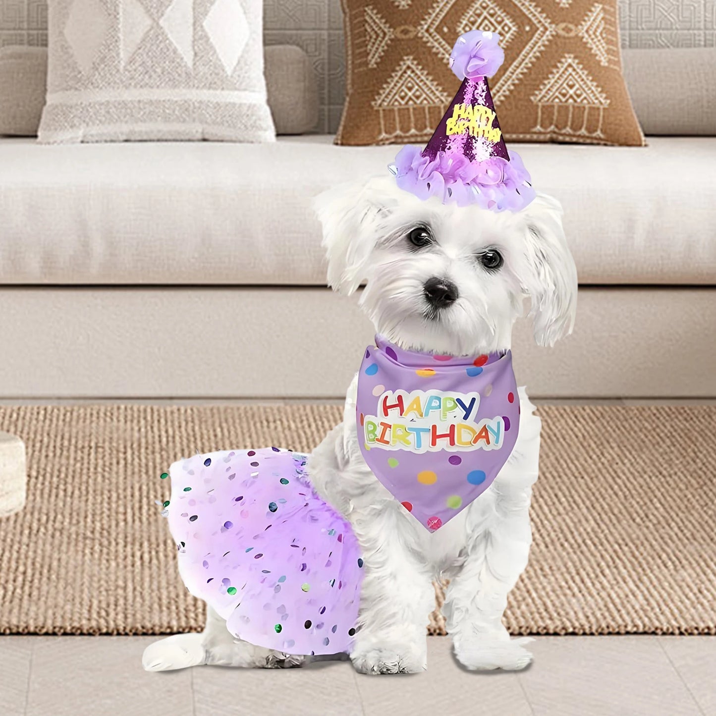 Cute Dog Birthday Costume Set | Adorable Party Hat with Matching Skirt and Scarf for Indoor and Outdoor Celebrations