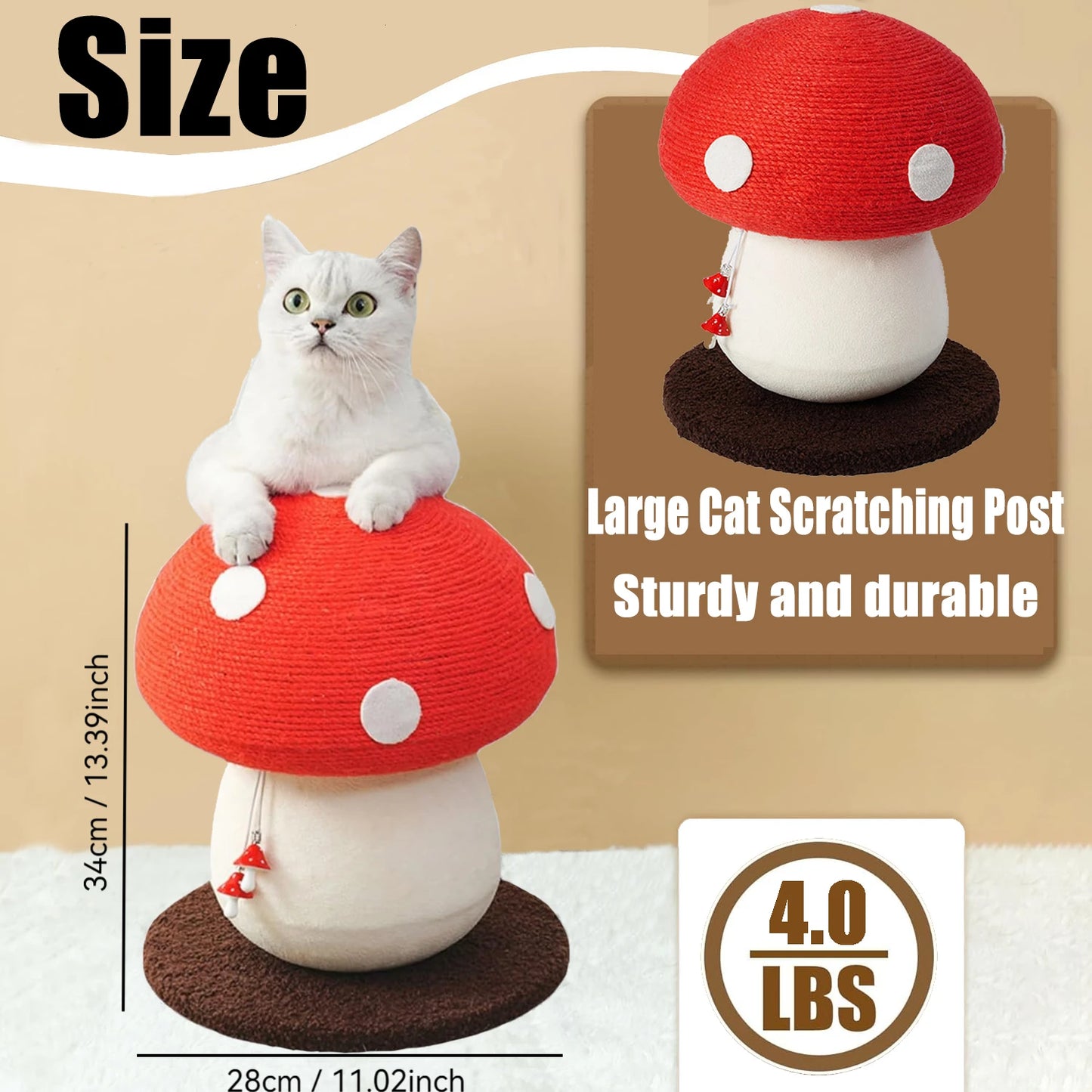 Red Mushroom-Shaped Sisal Cat Scratching Post |   Durable and Non-Falling |   Great for Paw Care and Furniture Protection |   Easy to Assemble |
