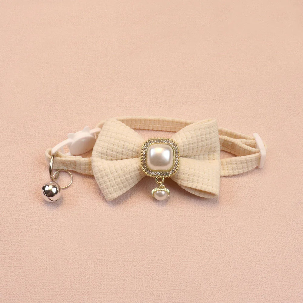 New Waffle Pet, Collar Cute Bow, Bell Cat Collar Retro Pearl Pendant for Cats and Dogs